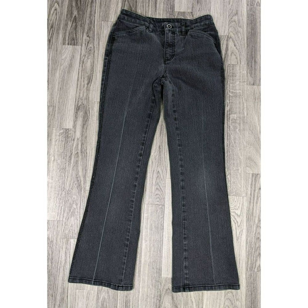 (3/$35) Jones New York Size 4P Rhinestone Stripe Stretchy Grey Black Denim Jeans